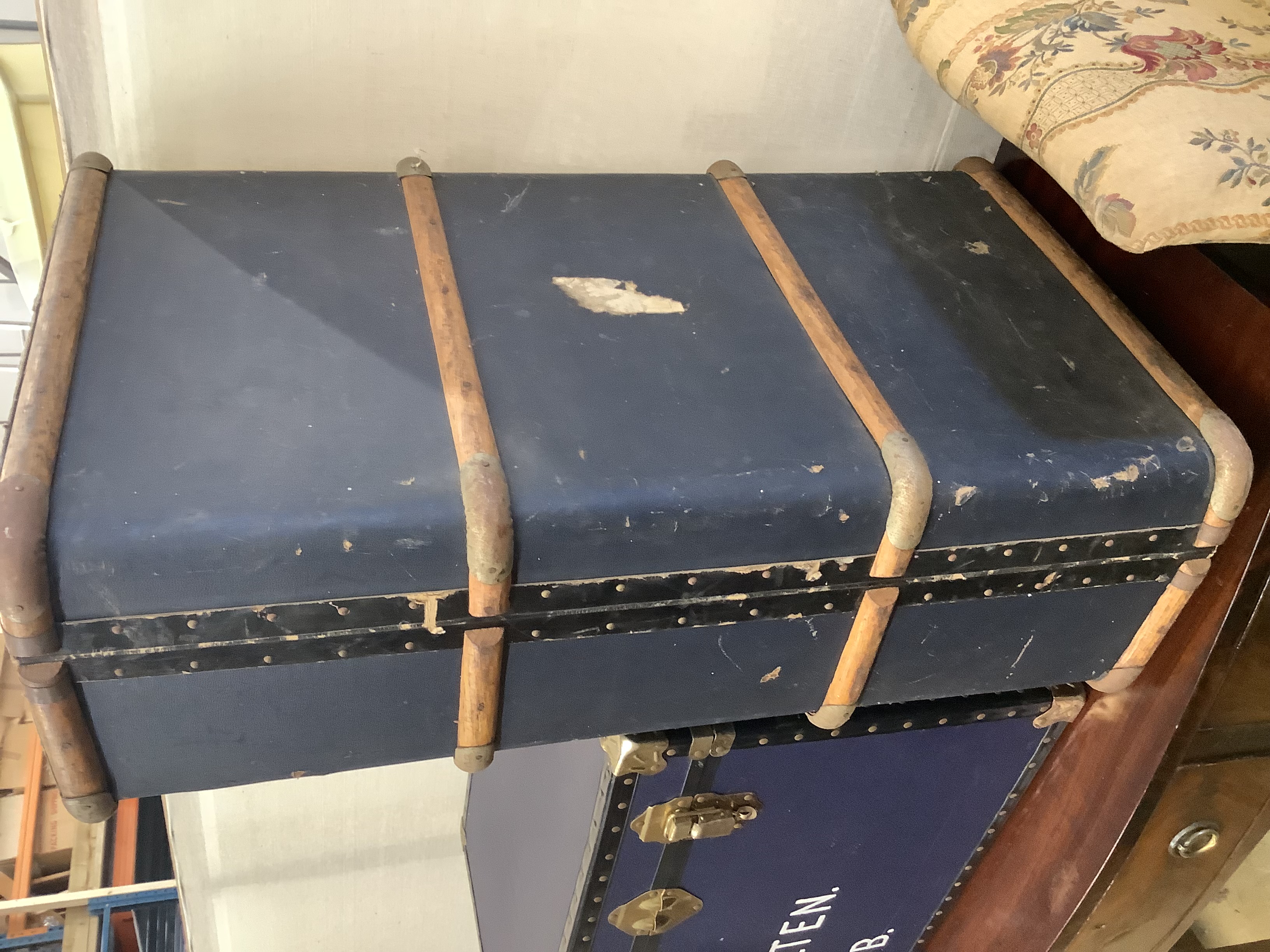 Two large cabin / luggage trunks, larger length 92cm, height 49cm
